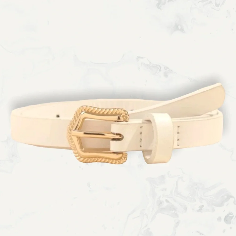 New White Faux Leather Everyday Wear Belt With Gold Tone Engraved Buckle